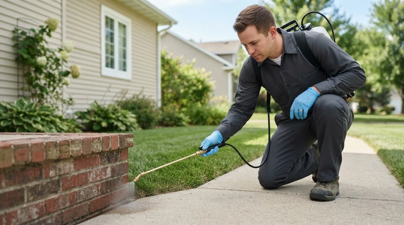 Pest control technician treating a home near Elliston, VA