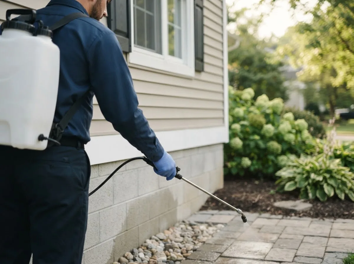 Pest control technician inspecting a home in Elliston, VA